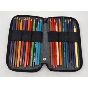 Global Art Leather 48 Pencil Marker Storage Case Zipper Black W/Prisma Pencils